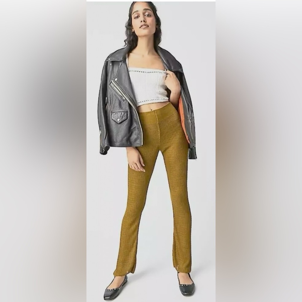 Free People Rosella Swit Pull on Olive Green Metallic Gold Sweater Pants